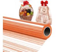 70CM x 50M Rollo de Papel Celofán Transparente con Estampados de Rayas Naranjas para Envolver Regalos, Cestas y Decoración de Flores, Polipropileno 50M Transparente con Líneas Colores (Naranja)