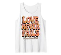 70s Christian Love Never Fails Verso de la Biblia Corintios 13:8 Camiseta sin Mangas