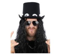 70s Glam Rock Kit Sombrero & Negro Fruncido Peluca Disfraz Hombre Punk Gótico