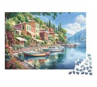 70x50cm/1000pcs Adulto Pueblo Italiano a orillas del Lago Rompecabezas Mujeres Hombres Tablero De Madera Enclavamiento De Precisión Edificios y Barcos Coloridos