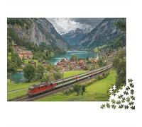 70x50cm/1000pcs Adulto Tren Passing Through A Village on The Swiss Alps Rompecabezas Mujeres Hombres Tablero De Madera Enclavamiento De Precisión