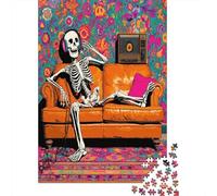 70x50cm/1000pcs Rompecabezas para Adultos Y Adolescentes Esqueleto Leaning on The Leather Sofa, Listening to Music HappilyJuegos Hechos DIY, Decoración del Hogar.