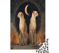 70x50cm/1000pcs Rompecabezas para Adultos Y Adolescentes Leopardoos Sitting Back to Back with The Crescent Luna in The MiddleJuegos Hechos DIY, Decoración del Hogar.