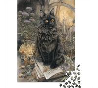 70x50cm/1000pcs Rompecabezas para Adultos Y Adolescentes Noble Negro largohair GatoJuegos Hechos DIY,Libro de alquimia Abierto Decoración del Hogar.