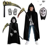71Nmly Disfraz Muerte Niño, 4 piezas Disfraz Niño Halloween Traje Parca Muerte Disfraces Halloween con Máscara de Calavera Guantes Grim Reaper Juego