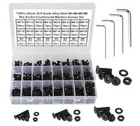 720 Piezas Tornillo y Tuercas y Arandelas M3 M4 M5 M6 Tornillos Hexagonal Cabeza Avellanados, Tornillos Cabeza Allen Plana de Máquina, DIN 7991 Rosca Completa Acero al Carbono 10.9 Negro con 4 llave.