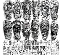 73 hojas León Tatuajes temporales para hombre y mujer, tatuajes adhesivos adultos, Zeus Jesús Dios de media manga, tatuaje falso, pegatinas para mujer y hombre, tigre lobo, flor de bosque, 3D negro