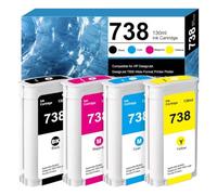 738 Cartucho de Tinta 130-ml para HP 738(Paquete de 4,BK/C/M/Y) | 498N4A 498N5A 498N6A 498N7A Compatible para HP DesignJet T950 T850(Negro, Amarillo,Cian,Magenta