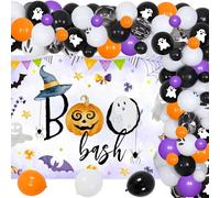 74 piezas de decoración de fiesta de Halloween Boo Bash, telón de fondo naranja, negro, morado, fantasma, globo, guirnalda de globos de látex, kit de arco, calabaza, araña, fondo de fotos para niños y