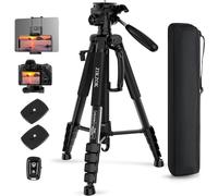 75" Camera Tripod, Aluminum Heavy Duty Camera Stand for iPad Phone, Travel Tripod with/Carry Bag/Phone Tablet Holder, Compatible with Canon Nikon Sony DSLR, Spotting Scopes, MAX Load 15 LB(Black)