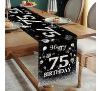 75 cumpleaños decoración hombre negro plata camino de mesa 75 cumpleaños feliz 75 cumpleaños camino de mesa para 75 años mujeres mayores él su aniversario fiesta fiesta cena mesa lino decoración 180 x