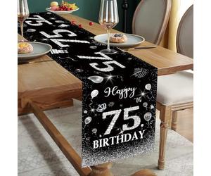 75 cumpleaños decoración hombre negro plata camino de mesa 75 cumpleaños feliz 75 cumpleaños camino de mesa para 75 años mujeres mayores él su aniversario fiesta fiesta cena mesa lino decoración 180 x