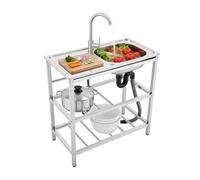 75 x 40 x 78 cm Juego de espejos exteriores para fregadero de cocina exterior, espacio de trabajo, estante doble, grifo de agua caliente fría, desagüe de acero inoxidable para jardín terraza