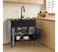 75 x 41 x 78 cm Fregadero de cocina independiente con armario y grifo extraíble, acero inoxidable, fregadero de cocina comercial doble con cesta de drenaje y unidad de desagüe para cocina, lavandería