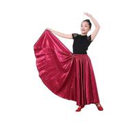 (75cm,Wine Red)Girls Satin Full Circle Long Dance Skirt for Girls Belly Dance Long Skirt