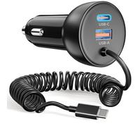 75W Cargador Coche Carga Rapida USB-C/A con Cable Espiral 1.2m Tipo-C, Cargador Mechreo Coche USB C Movil, Carregador Isqueiro Carro 12V para iPhone 17 16 16e 15 Pro MAX, Samsung Galaxy S25 S24 Ultra