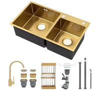 75x40cm Fregadero doble de acero inoxidable oro, filtro de residuos, Fregadero Bajo/Encimera/Enrasado con Juego Desagü, Con Grifo, Con cesta de drenaje retráctil Fácil De Limpiar