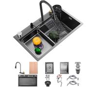 75x50cm Fregadero De Cocina En Cascada Fregadero De Cocina De Acero Inoxidable Con Montaje Superior Fregadero Nano De Un Solo Tazón Fregadero Multifunción Para Estación De Trabajo Con Grifo Extraíble