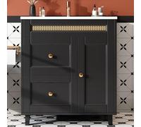 76 x 46 x 86,5 cm tocador de baño independiente, rieles de cajones dobles silenciosos, puertas de armario con función de cierre suave, asas doradas y adornos de ratán, lavabo de cerámica, negro.