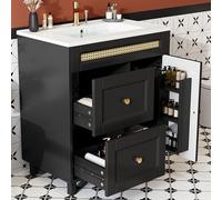 76 x 46 x 86,5 cm, tocador de baño independiente, rieles de cajones dobles silenciosos, puertas de armario con función de cierre suave, asas doradas y adornos de ratán, lavabo de cerámica (negro-1)