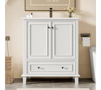 76 x 46 x 87 cm. Armario de baño de pie con lavabo, lavabo, patas de madera maciza, barnizado, resistente a la humedad y al agua, gran espacio de almacenamiento, lavabo de cerámica integrado, color