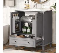 76 x 46 x 87 cm. Armario de baño de pie con lavabo, lavabo, patas de madera maciza, lacado completo, resistente a la humedad y al agua, gran espacio de almacenamiento, lavabo de cerámica integrado