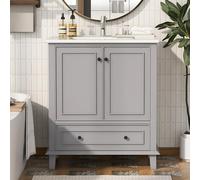 76 x 46 x 87 cm. Armario de baño de pie con lavabo, lavabo, patas de madera maciza, lacado completo, resistente a la humedad y al agua, gran espacio de almacenamiento, lavabo de cerámica integrado