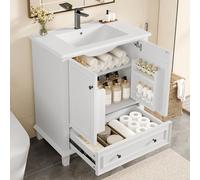 76 x 46 x 87 cm. Mueble de baño de pie con lavabo, lavabo, patas de madera maciza, lacado completo, resistente a la humedad y al agua, gran espacio de almacenamiento, lavabo de cerámica integrado