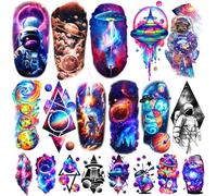 77 hojas de tatuajes temporales, 17 hojas de astronauta, cohetes de astronauta, de media manga, tatuajes falsos para adultos, hombres y mujeres, 60 hojas de tatuajes pequeños, impermeables, duraderas