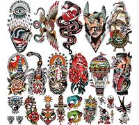 77 hojas de tatuajes temporales clásicos, pegatinas de tatuajes de la vieja escuela, tatuaje falso vintage de Sailor Jerry, tatuajes de brazo de rosa tradicionales para mujeres, hombres y adultos