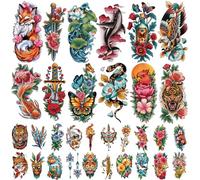 77 hojas de tatuajes temporales para adultos y niños, de la vieja escuela, con calaveras, tigres, espadas, gatos, águilas, serpientes, flores de loto, mariposas, tatuajes falsos para medio brazo, para