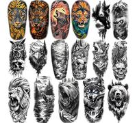 77 hojas de tatuajes temporales para adultos y niños, tatuajes falsos impermeables, 17 grandes y 60 pequeños tatuajes negros, tigre, león, lobo, animales del bosque