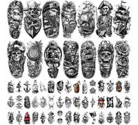 77 hojas de tatuajes temporales para adultos y niños, tatuajes falsos impermeables, 17 grandes y 60 pequeños tatuajes negros, diseño de piratas y calaveras