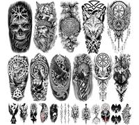 77 hojas de tatuajes temporales vikingos para adultos, celtas nórdicos, tatuajes falsos tribales tótem para disfraces vikingos, tatuajes falsos nórdicos Yggdrasil Valknut para mujeres y