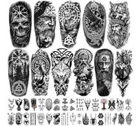 77 hojas de tatuajes temporales vikingos para adultos y niños, tatuajes tribales nórdicos vikingos, pegatinas de tatuajes falsos de piratas nórdicos, disfraces de vikingos para hombres y mujeres