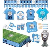 77 piezas todo en uno ManCity FC Matchday Party Box para 6 invitados, vajilla desechable, con cultería, decoraciones, globos de papel de aluminio, recuerdos de fiesta y apto para alimentos