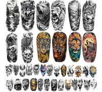 77 Tatuajes Temporales Animales del Bosque para Mujeres Hombres, 17 Grandes Leones Tigres Lobos Medio Brazo, 60 Calcomanías Realistas Miniaturas de Calaveras Búhos Osos para Adultos Niños