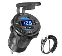 78W Toma USB 12V Qidoe Salida USB 12v 4 Puertos Dual 30W PD y Doble Carga Rápida 3.0 Cargador de Aaluminio con Voltímetro para Coche Barco Marino RV