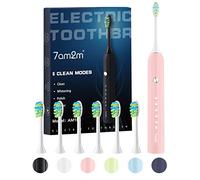 7AM2M Cepillo de dientes eléctrico para adultos y niños, con 6 cabezales de cepillo, 5 modos con temporizador inteligente de 2 minutos, una carga para 60 días (rosa)