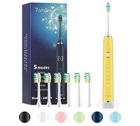 7am2m Cepillo de dientes eléctrico Sonic con 6 cabezales de cepillo para adultos y niños, 5 modos con temporizador inteligente de 2 minutos, cepillos de dientes eléctricos (amarillo)