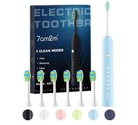 7AM2M Cepillo de dientes eléctrico Sonic para adultos y niños, con 6 cabezales de cepillo, 5 modos con temporizador inteligente integrado de 2 minutos, diseño de columna romana (azul claro)