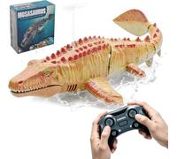 7JI Teledirigido Mosasaurus RC Barco, 2,4 GHz Control Remote Tiburone Barco | Piscinas y Lagos Juguetes Eléctricos de Dinosaurios, Rociar Agua, 2 Baterías, Regalo para Niños y Niñas (Amarillo)
