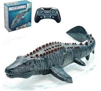 7JI Teledirigido Mosasaurus RC Barco, 2,4 GHz Control Remote Tiburones | Barco para Piscinas y Lagos, Juguetes Eléctricos de Dinosaurios, Rociar Agua, 2 Baterías, Regalo para Niños y Niñas (Gris)