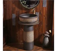 7LiuYueFei6 - Lavabo de baño con base completa, lavabo redondo, lavabo de baño independiente de cerámica con desagüe y grifo, uso interior y exterior (C con espejo)