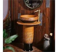 7LiuYueFei6 Lavabo de baño de arte con columna completa, lavabo de pie, lavabo redondo, material de cerámica, lavabo de baño independiente con grifo de drenaje (B sin espejo)