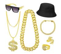 7pcs Disfraces Hip Hop Kit, Disfraz Rapero, Disfraz de Rapero de Los 80,Estilo Hip Hop,Sombrero,Punk,Cadena Dorada, Juego de anillos, Gafas de Sol, Cadena Dorada, Decoración de Los años 80 y 90