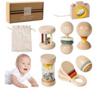7pcs/set Toys recién nacidos Juego de sonajero de madera natural de madera orgánica con lluvia, campana de mano, bola de arena y más, juguetes recién nacidos con bolsa de almacenamiento para un regal