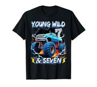 7th Birthday Monster Truck Young Wild and Seven 7 Year Old Camiseta
