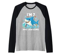 7yr I'm 7 and Jawsome Shark 7th Birthday Camiseta Manga Raglan