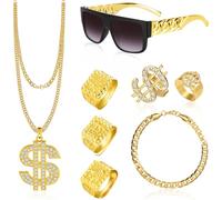 8 accesorios de disfraz de hip hop, disfraz de hip hop de los años 80/90 con cadena dorada, anillos de dólar, collar, gafas de sol, juego de decoración de joyería de rapero, para mujeres y hombres,